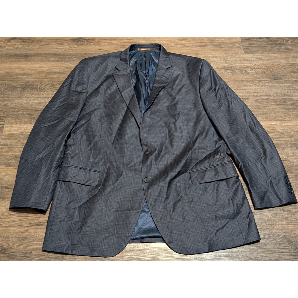 Peter Millar‎ Mens 48T Wool Plaid Blazer Sport Coat Navy Blue 2 Button 48 Tall